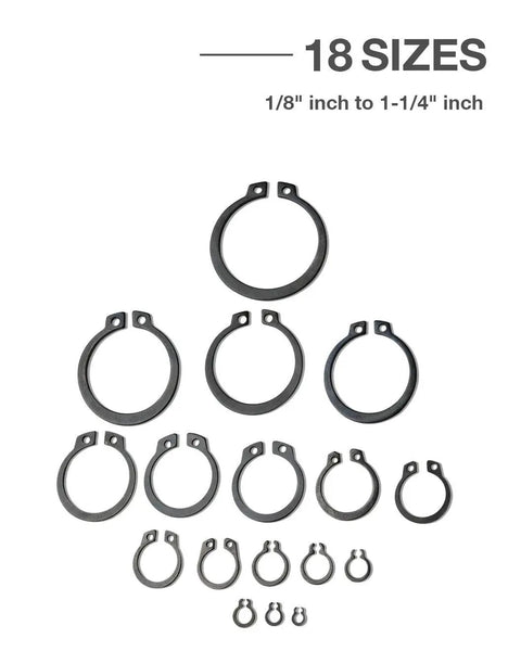 300 Piece Snap Ring Set With 18 Sizes For Axles And Shafts, E Clip Ring Assortment Kit displayed in various sizes from 1/8" to 1-1/4"