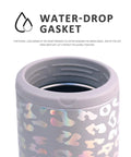 Close-up of Laser Leopard Skinny Can Cooler Made With Double Wall Vacuum Insulated Stainless Steel with water-drop gasket design.