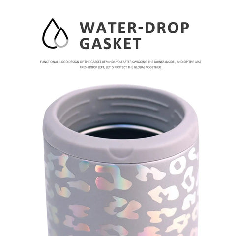 Close-up of Laser Leopard Skinny Can Cooler Made With Double Wall Vacuum Insulated Stainless Steel with water-drop gasket design.