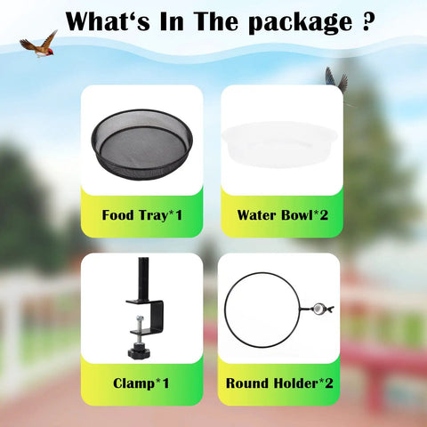 Deck Bird Feeder With Metal Mesh Tray And Two Water Bowls Detachable Adjustable Heavy Duty Clamp Bracket Fits Balcony Railing Or Porch Rail Rotates 360 Degrees For Easy Access Built Tough For Attracting Birds package contents illustration with food tray, water bowl, clamp, and round holder.
