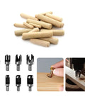 Image of Premium Eight Piece Wood Plug Cutter Drill Bit Set including wood plugs and steel bits for DIY and furniture work.