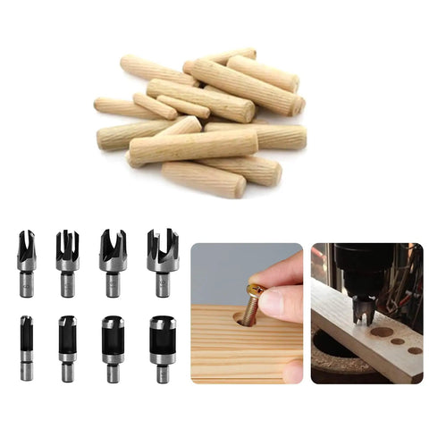 Image of Premium Eight Piece Wood Plug Cutter Drill Bit Set including wood plugs and steel bits for DIY and furniture work.