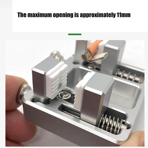 Close-up of adjustable welding wire fixture clamp with thickened aluminum construction, antislip ceramic grips, 11mm jaw.