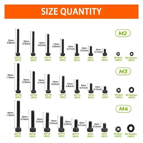 1260 Piece Metric Bolt Kit With M2 M3 M4 Hex Socket Cap Screws In 4mm To 30mm Lengths, Ideal For DIY Projects chart image