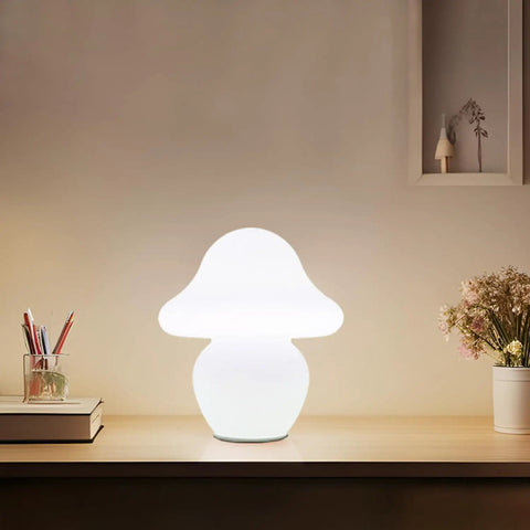 Milk White Glass Mushroom Lamp Small Translucent Nightstand Light For Bedroom And Living Room on a wooden desk with books and flowers