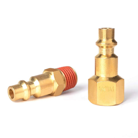Six Foot Hybrid Air Compressor Hose Kit Including Ten Piece Built Tough Brass Fittings And 3/8 Inch Whips Plus 1/4 Npt Plugs close-up of brass fittings