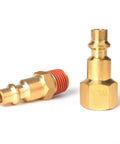 Built Damn Tough 3/8 Inch By 10 Ft Hybrid Air Compressor Hose Kit With Solid Brass Quick Connects 360 Degree Swivel And 1/4 Npt Plugs showing brass connectors.