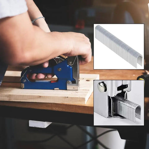 Hella Tough F25 Pneumatic Nailer Staples With 1000 Count U Shaped Brad Nails High Carbon Steel Construction used on a wood board.