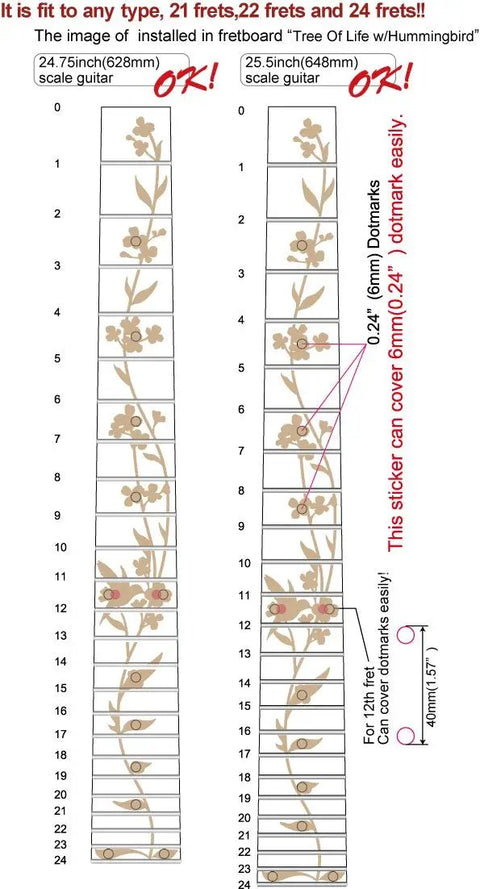 Tree Of Life Hummingbird Fret Marker Inlay Stickers For Guitars Real Look Fretboard Decals PET Material Easy To Apply No Residue