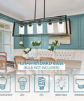 Five Light Kitchen Island Pendant Light With Seeded Glass In Matte Black shown in dining room setting with E26 base details.