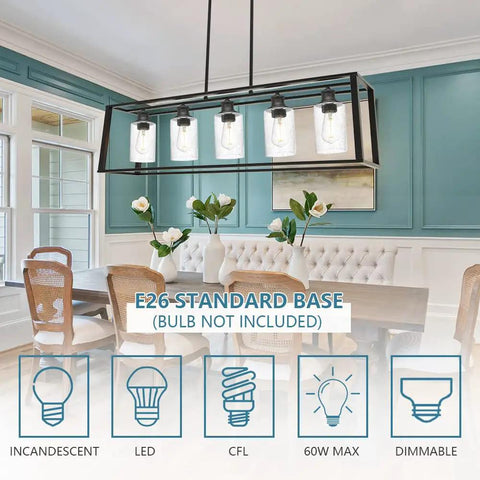 Five Light Kitchen Island Pendant Light With Seeded Glass In Matte Black shown in dining room setting with E26 base details.