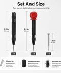 Hella Heavy Duty Automatic Center Punch Pair Featuring Adjustable Spring Loaded Mechanism Plus Bonus Replacement Tips For Smooth Wood Drilling and Badass Precision Hole Marking On Glass Or Plastic, showing sizes and details.