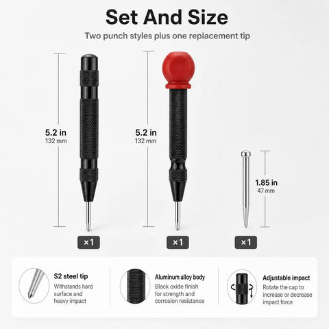 Hella Heavy Duty Automatic Center Punch Pair Featuring Adjustable Spring Loaded Mechanism Plus Bonus Replacement Tips For Smooth Wood Drilling and Badass Precision Hole Marking On Glass Or Plastic, showing sizes and details.