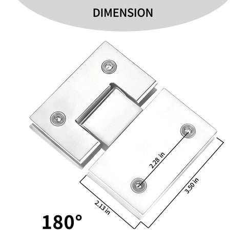 Beefy Heavy Duty Stainless Steel 180 Degree Frameless Shower Door Hinge with dimensions 3.50 x 2.28 inches, bi-directional opening.