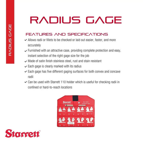 Radius Gage Set For Convex And Concave Radii With 110 Holder, Stainless Steel, 17 Gages displayed with features and specifications.