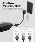 Nema 10-30 Adapter For Tesla Mobile Charger Gen Two showing correct 240/250V outlet connection with warning for incompatible types.