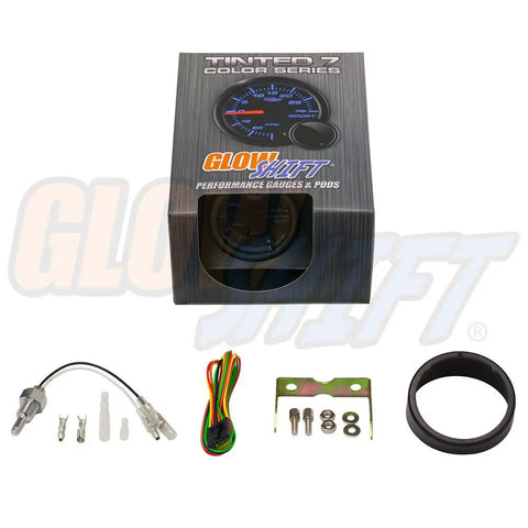 Tinted 7 Color Water Temperature Gauge Kit For Cars And Trucks 100 To 300F Range 2-1/16 Inch 52mm Dial Illuminated Black Face Easy Install Coolant Temp Gauge in box with wiring and mount