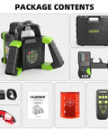 Heavy Duty Electronic Self Leveling Rotary Red Laser Level Kit with target receiver, protective glasses, hard case, and remote.