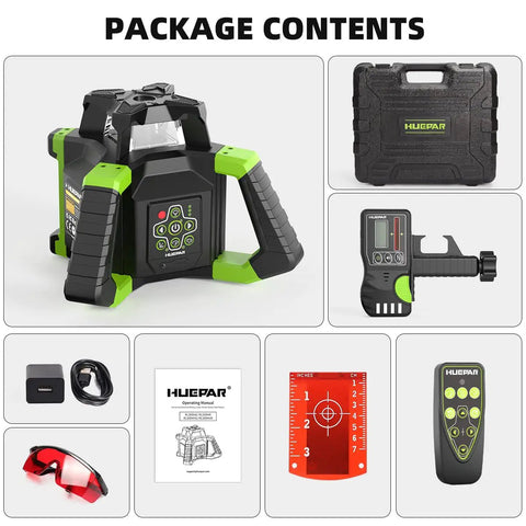 Heavy Duty Electronic Self Leveling Rotary Red Laser Level Kit with target receiver, protective glasses, hard case, and remote.