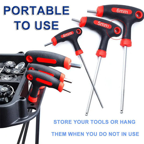 Bike Hex Allen Key Wrench Set 4 5 6mm T-Handle With Ball End, ergonomic non-slip grip displayed in tool organizer.