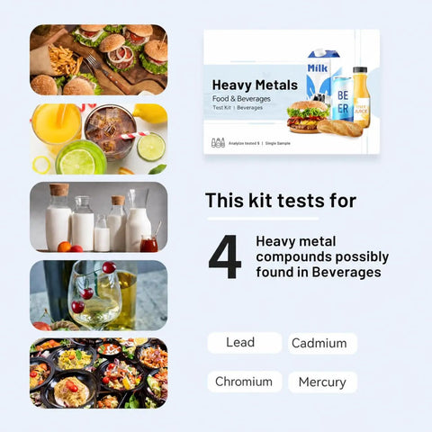 Heavy Metal Test Kit Straight Up Easy Detection for Lead Mercury Cadmium Chromium in Food and Water Quick Results Home Test with beverages and food.