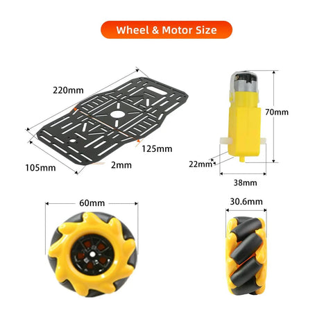 Omni Directional Mecanum Wheel Robot Chassis Kit With Four 60mm Wheels, Aluminum Alloy Frame, Four TT Motors, dimensions shown