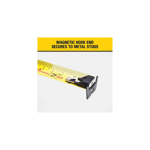 Close-up of FatMax 25 Foot Magnetic Tape Measure With 11 Foot Standout displaying magnetic hook for secure measurements on metal studs.