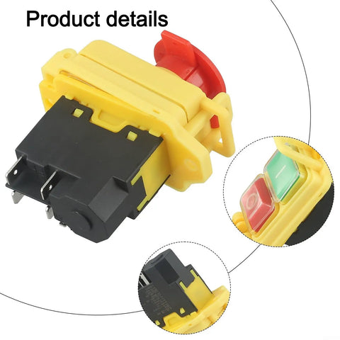 Heavy Duty 5 Pin Electromagnetic Pushbutton Switch With Hella Waterproof IP54 Rating And No Volt Release Function For Mini Lathe And Shop Rig 220 To 240 Volts Built Badass close-up of switch with yellow case and red emergency button.