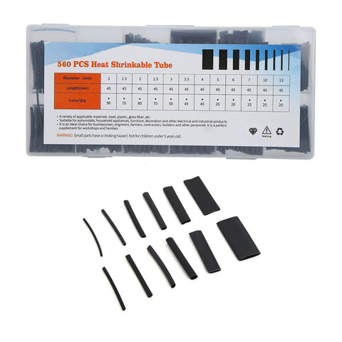 Super Durable 560 Pcs Heat Shrink Tubing Kit For Electrical Wire Insulation Protection Polyolefin Variety Of Sizes To Seal And Repair Cables In Style, assorted black tubes