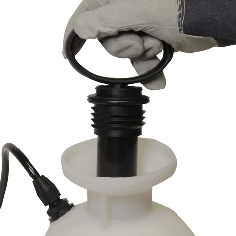 Gloved hand opening the cap of 3 Gallon SureSpray Sprayer For Fertilizer Weed Killer And Pesticide With Anti Clog Filter Translucent Tank