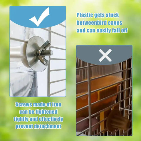 Automatic Bird Water Feeder With Secure Anti Tip Bowl For Small Cages showing secure iron screws for stable mounting on cage bars.
