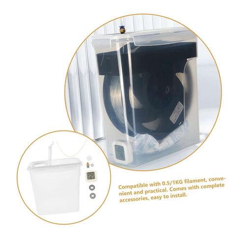 4L Filament Dryer Box for 3D Printer Spools, showing clear storage chamber and digital display for humidity and temperature monitoring.