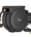 Heavy Duty Retractable Garden Hose Reel Workhorse Five Eighth Inch By One Hundred Feet, wall mounted, with sprayer nozzle