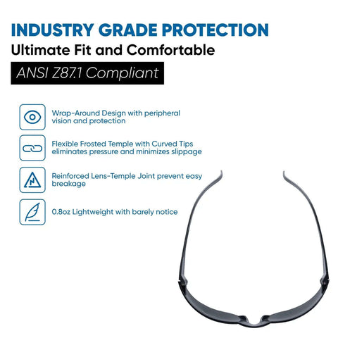 Tinted Safety Glasses Bulk Pack of 24, Protective Sunglasses With Dark Smoke Lenses for UV Protection, ANSI Z87.1 Impact Resistant Eye Gear, shown in a side view highlighting lightweight and wrap-around design.