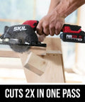 Super Compact One Handed Cordless Circular Saw Kit With Four And A Half Inch Blade Brushless Motor 20V Lithium Battery And Charger cutting wood with precision.