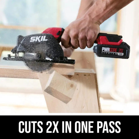 Super Compact One Handed Cordless Circular Saw Kit With Four And A Half Inch Blade Brushless Motor 20V Lithium Battery And Charger cutting wood with precision.