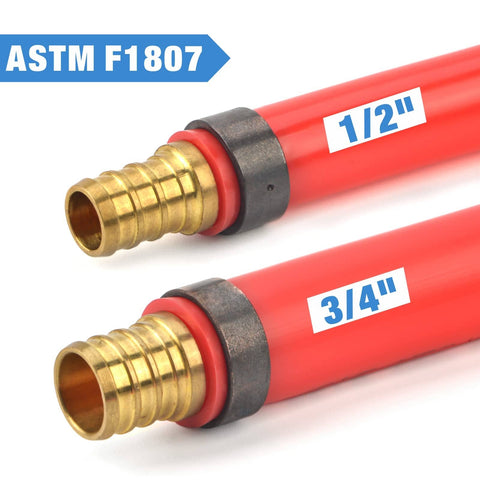 Close-up of two red PEX pipes labeled 1/2" and 3/4" with ASTM F1807 copper fittings for the Angle PEX Crimping Tool Kit For One Half Inch And Three Quarter Inch PEX Rings With Go No Go Gauge And PEX Pipe Cutter Includes Copper Rings Fits US F1807 Standards Pro Grade PEX Plumbing Set