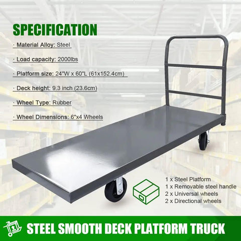 Heavy Duty Steel Platform Truck With Smooth Deck 60X24 Industrial Flatbed Dolly 2000 Lb Capacity Rugged Cart Designed To Haul Your Gear No Sweat On Shop Floors