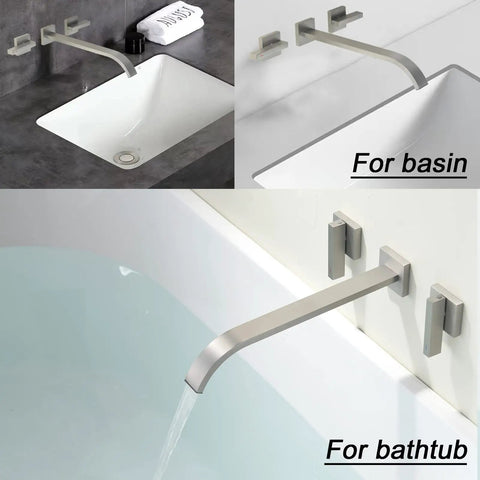 Wall Mount Tub Filler Faucet In Brushed Nickel Finish Brass Two Handle High Flow Bathtub Faucet Set With 10 Inch Spout Reach