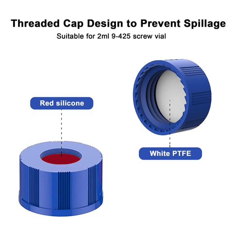 Threaded cap design featuring red silicone and white PTFE lining, suitable for 2ml Borosilicate Glass Autosampler Vials 1000 Pack With 9 425 Screw Tops For HPLC And GC Chromatography.