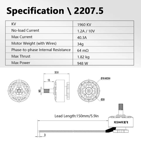 Specifications diagram for Four Pack 2207 1960KV FPV Brushless Motors For 5 Inch Freestyle Racing Drones On 6S Quadcopter