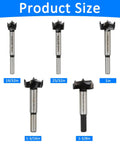 Heavy Duty 5 Piece Forstner Bit Set Premium Carbon Steel Woodworking Drill Bits sizes displayed in inches from 19/32in to 1in.