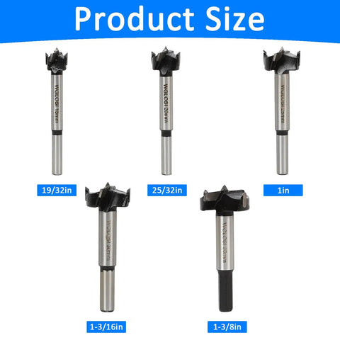 Heavy Duty 5 Piece Forstner Bit Set Premium Carbon Steel Woodworking Drill Bits sizes displayed in inches from 19/32in to 1in.