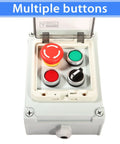 IP67 Waterproof Push Button Switch Box with emergency stop and start rotary buttons, four indicator LEDs, protective cover.
