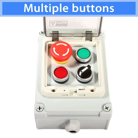 IP67 Waterproof Push Button Switch Box with emergency stop and start rotary buttons, four indicator LEDs, protective cover.
