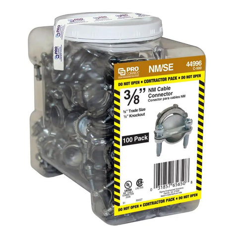 ProConnex C500 Clamp Type Connector NM SE Three Eighths Inch 100 Pack in clear plastic jar with label and tri combo screws.
