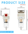 Front and side view of One Quarter Inch NPT Air Dryer for Compressor Pro Grade with Five Micron Brass Filter Element and bracket