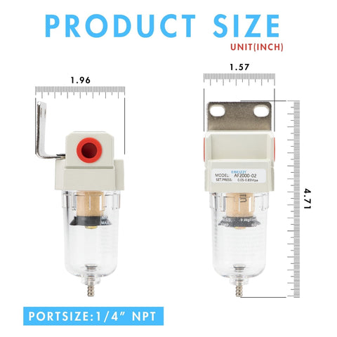 Front and side view of One Quarter Inch NPT Air Dryer for Compressor Pro Grade with Five Micron Brass Filter Element and bracket