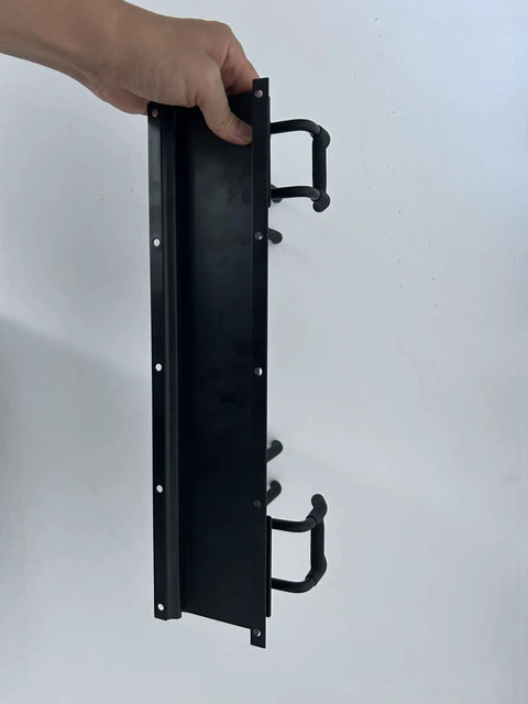 Side view of a black wall-mounted component for Garage Wall Organizer With Heavy Duty Wall Mounted Tool Racks.