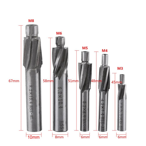 Front view of Dope Pro Grade 5 Piece Counterbore Drill Bit Set With HSS Aluminum Straight Shank Four Flute End Mills M3 to M8